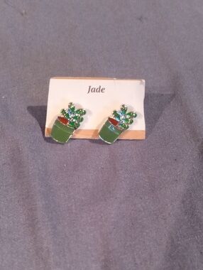 Jade Green Potted Cactus Enamel Stud Earrings